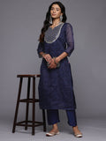 Varanga Women Navy Blue Leheriya Printed Yoke Embroidered Straight Kurta With Trousers