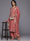 Varanga Women Coral Zari Embroidered Straight Kurta With Trousers And Fringed Dupatta