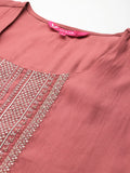 Varanga Women Coral Zari Embroidered Straight Kurta With Trousers And Fringed Dupatta