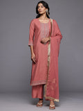 Varanga Women Coral Zari Embroidered Straight Kurta With Trousers And Fringed Dupatta