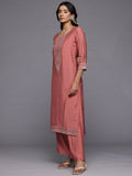 Varanga Women Coral Zari Embroidered Straight Kurta With Trousers And Fringed Dupatta