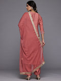 Varanga Women Coral Zari Embroidered Straight Kurta With Trousers And Fringed Dupatta