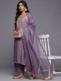 Varanga Women Lavender Zari Embroidered Straight Kurta With Trousers And Fringed Dupatta