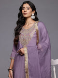 Varanga Women Lavender Zari Embroidered Straight Kurta With Trousers And Fringed Dupatta