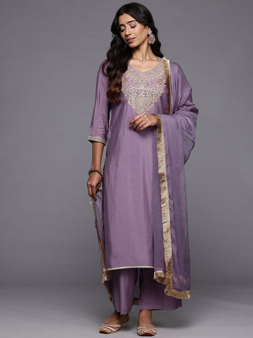 Varanga Women Lavender Zari Embroidered Straight Kurta With Trousers And Fringed Dupatta