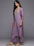 Varanga Women Lavender Zari Embroidered Straight Kurta With Trousers And Fringed Dupatta