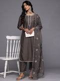 Varanga Women Grey Thread Embroidered Straight Kurta With Trouser And Dupatta