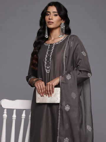 Varanga Women Grey Thread Embroidered Straight Kurta With Trouser And Dupatta