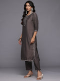 Varanga Women Grey Thread Embroidered Straight Kurta With Trouser And Dupatta