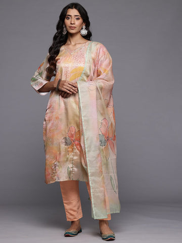 Varanga Women Peach Silk Floral Printed Beads And Stones Embellished Kurta Set With Dupatta