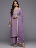 Varanga Women Lavender Zari Embroidered Straight Kurta With Trousers And Fringed Dupatta