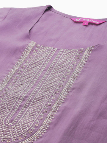 Varanga Women Lavender Zari Embroidered Straight Kurta With Trousers And Fringed Dupatta