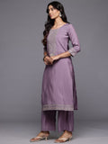 Varanga Women Lavender Zari Embroidered Straight Kurta With Trousers And Fringed Dupatta