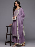 Varanga Women Lavender Zari Embroidered Straight Kurta With Trousers And Fringed Dupatta