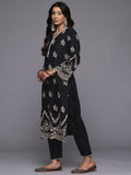 Varanga Women Black Floral Thread Embroidered Straight Kurta With Trousers And Dupatta