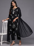 Varanga Women Black Pure Cotton Thread Embroidered Straight Kurta With Trousers And Dupatta