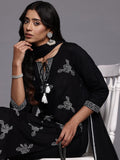 Varanga Women Black Pure Cotton Thread Embroidered Straight Kurta With Trousers And Dupatta