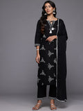 Varanga Women Black Pure Cotton Thread Embroidered Straight Kurta With Trousers And Dupatta