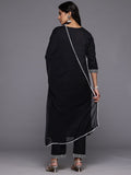 Varanga Women Black Pure Cotton Thread Embroidered Straight Kurta With Trousers And Dupatta