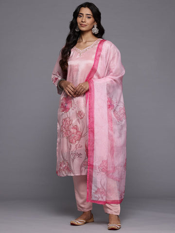 Varanga Women Pink Silk Floral Printed Beads And Stones Embellished Kurta Set With Dupatta