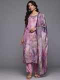 Varanga Women Mauve Pure Silk Printed & Embelished Straight Kurta With Trouser And Printed Dupatta