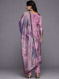 Varanga Women Mauve Pure Silk Printed & Embelished Straight Kurta With Trouser And Printed Dupatta