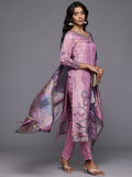 Varanga Women Mauve Pure Silk Printed & Embelished Straight Kurta With Trouser And Printed Dupatta