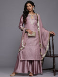 Varanga Women Mauve Brocade Zari Lace Embellished Panelled Straight Kurta With Trousers And Fringed Dupatta