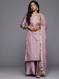 Varanga Women Mauve Brocade Zari Lace Embellished Panelled Straight Kurta With Trousers And Fringed Dupatta