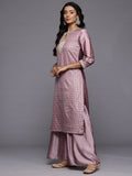 Varanga Women Mauve Brocade Zari Lace Embellished Panelled Straight Kurta With Trousers And Fringed Dupatta