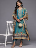 Varanga Women Teal Blue Pure Silk Gotta And Mirror Work Kaftan With Tulip Pants