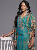 Varanga Women Teal Blue Pure Silk Gotta And Mirror Work Kaftan With Tulip Pants