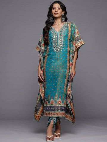 Varanga Women Teal Blue Pure Silk Gotta And Mirror Work Kaftan With Tulip Pants