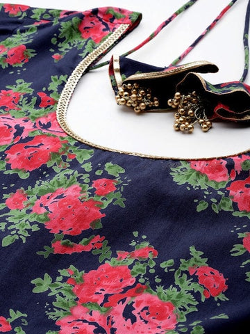 Varanga Floral Printed Navy Blue Anarkali Kurta With Dupatta