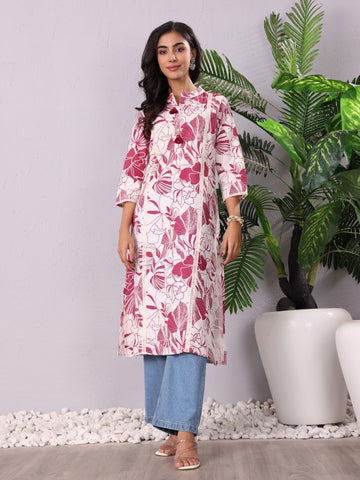 Varanga Floral Printed Mandarin Collar Panelled Cotton A-Line Kurta