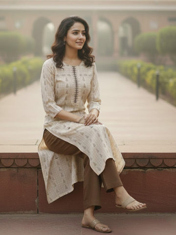 varanga women's beige and brown woven kurta set with delicate emb. and 3/4 sleeves.