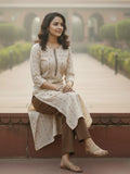 varanga women's beige and brown woven kurta set with delicate emb. and 3/4 sleeves.