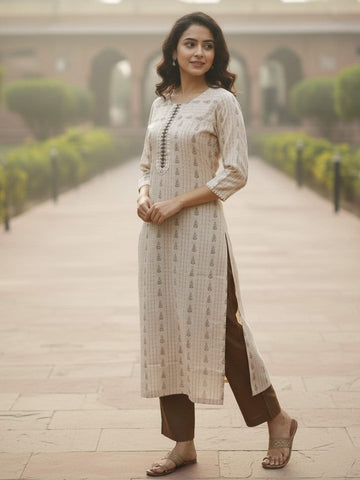 varanga women's beige and brown woven kurta set with delicate emb. and 3/4 sleeves.