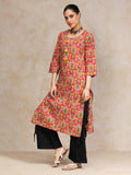 Varanga Women Pink And Yellow Floral Printed Straight Kurta