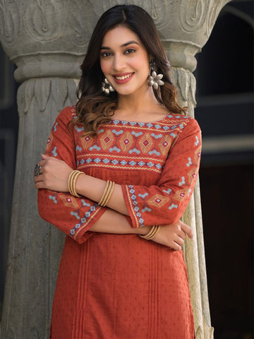 Red Ethnic Kurta Featuring Embroidered Yoke Detailing With Mirror.