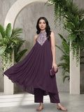 Varanga Women Purple Embroidered Sleeveless Flared Kurta Paired With Tonal Bottom