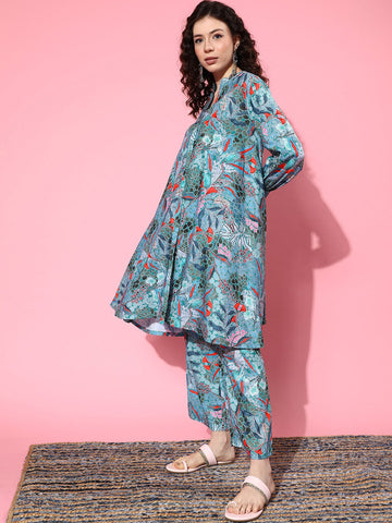 KSUT Women Sea Green Abstract Printed Regular A-Line Kurta with Trousers