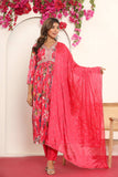 Varanga Women Pink Floral Printed Embroidered V-Neck Alia Cut  Kurta Paired With Tonal Dupatta