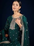 Graceful Green 3-Piece Set Featuring A Zari-Embroidered Kurta, Solid Ankle-Length Trousers, And An Elegant Embroidered Dupatta.