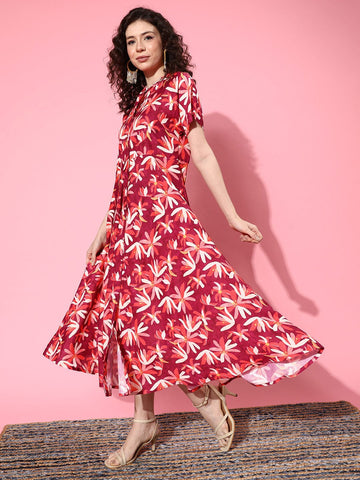 varanga burgundy and white floral print mandarin collar crepe a line midi dress