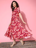 varanga burgundy and white floral print mandarin collar crepe a line midi dress