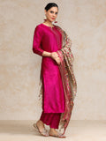 Varanga Women Pink Woven Zari Embroidered Straight Kurta With Bottom And Dupatta