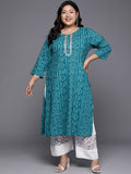 Varanga Women Plus Size Turqoise Blue Bandhani Print Gotta Embellished Straight Kurta With Three Quarter Sleeves Pl24 Vkur1103