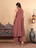 Varanga Women Nude Yoke Embroidered Sleeveless Flared Kurta With Trousers.