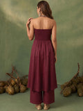 Womens Maroon Halter-Neck Embroidered Anarkali Set
